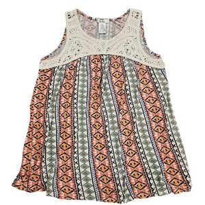 Bela Womens Boho Tribal Print Crochet Lace Yoke Tank Top Orange Blue Small